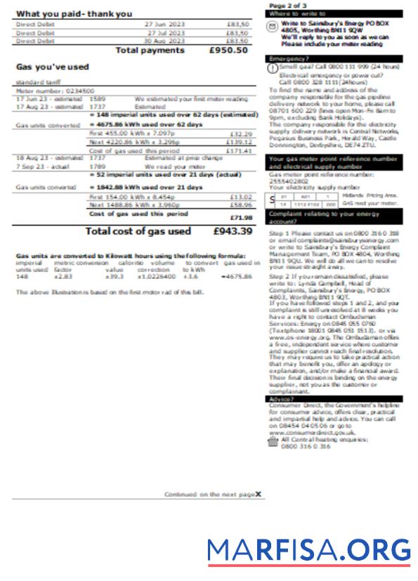 Downloadable Sainsbury Energy (British Gas) business utility bill, page 2. SCR example